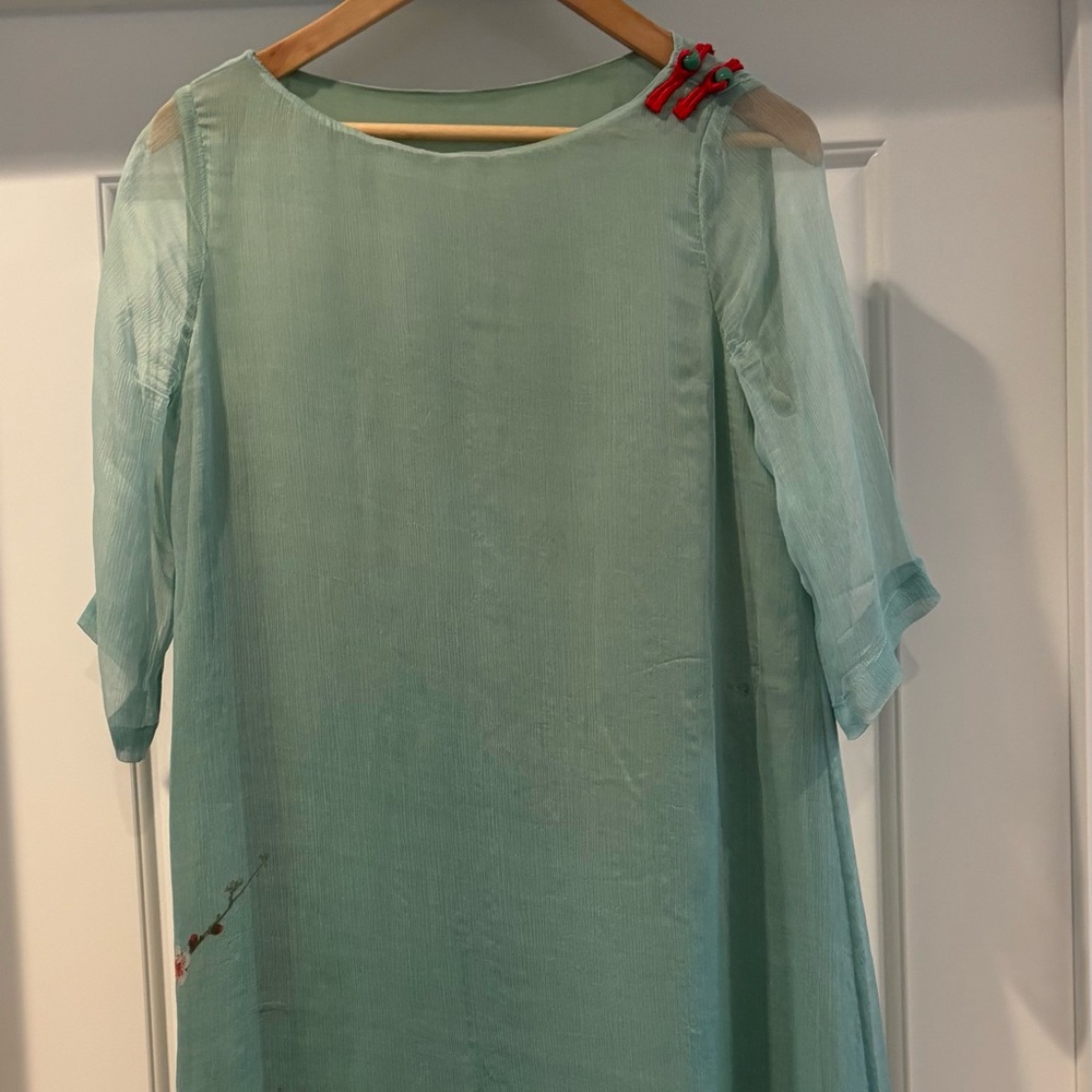 Elegant Mint Green Silk Dress with Bird Print